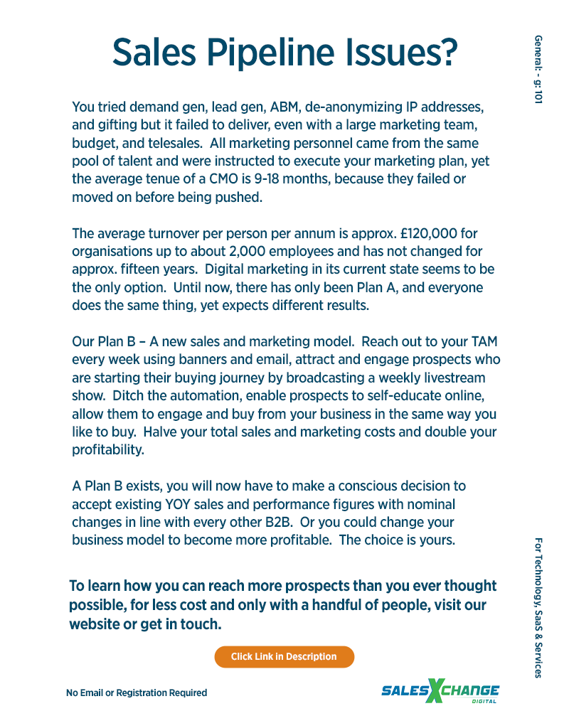 salesXchange's tweet photo. B2Bs have concentrated on marketing at scale rather than selling at scale. The digital marketing strategies currently used were designed for the consumer market and do not work for B2Bs. https://t.co/lAngdov2LP https://t.co/XyJhgXCPON