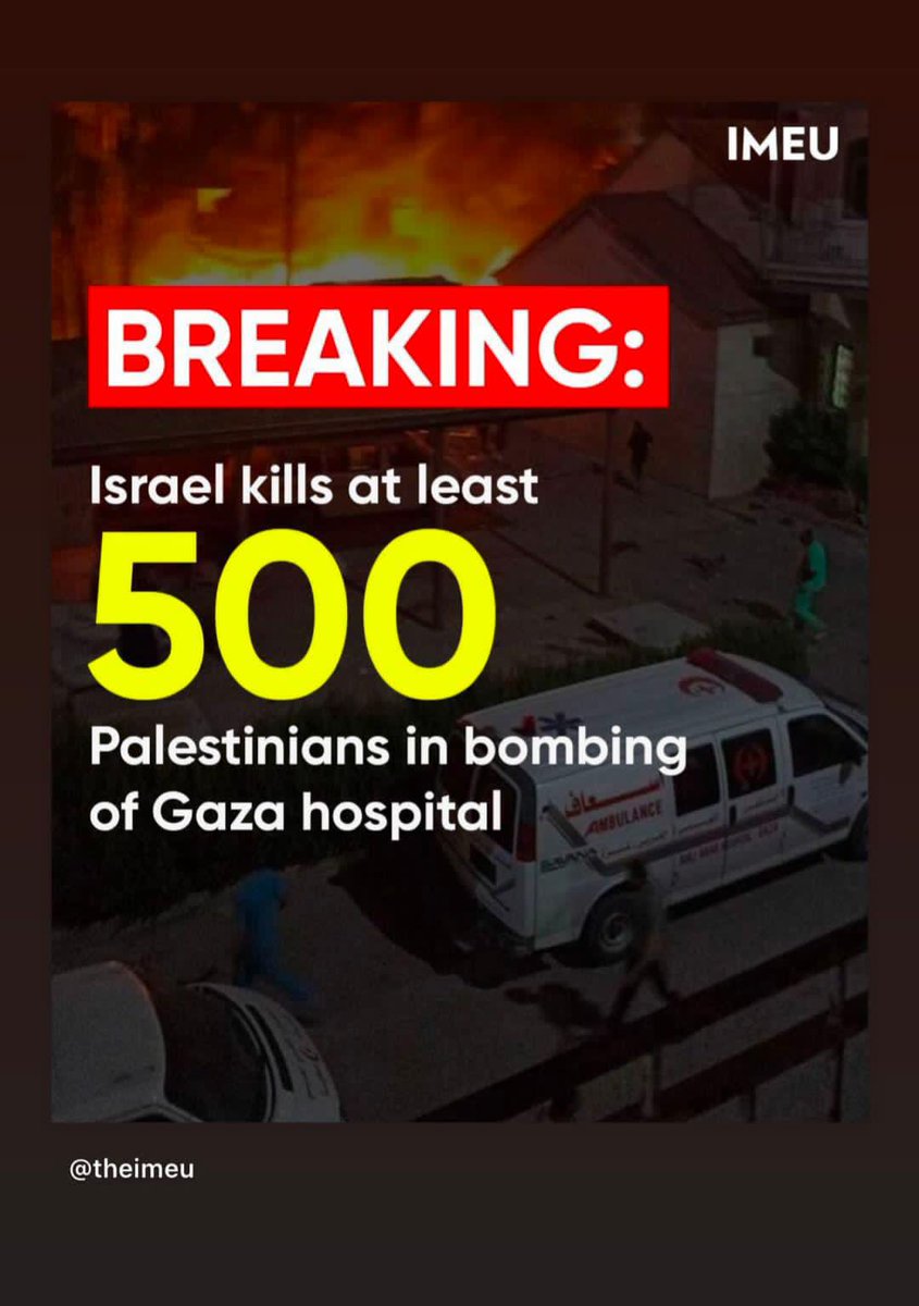 WAR CRIMES: An Israeli air strike has hit al-Ahli hospital in #Gaza City where thousands of civilians are seeking medical treatment and shelter from relentless attacks.

Gaza health ministry says at least 500 casualties in hospital blast. A UN-run school housing refugees also