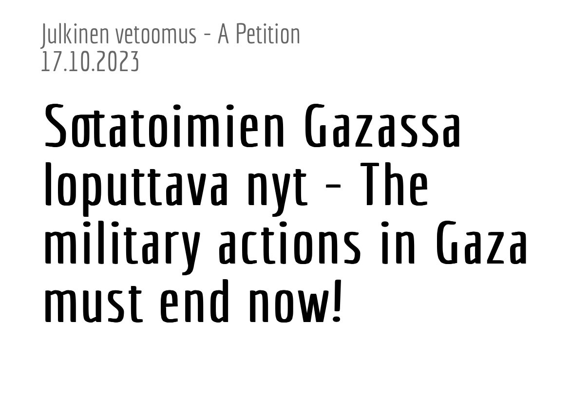 Me allekirjoittaneet yhteiskuntatieteellisten ja humanististen alojen tutkijat vaadimme, että Suomen hallituksen on välittömästi tuomittava Israelin valtion sotatoimet Gazassa sekä vaadittava aselepoa ja avustuskäytävien avaamista Gazaan. docs.google.com/document/d/1Ri… Liity mukaan 🕊️