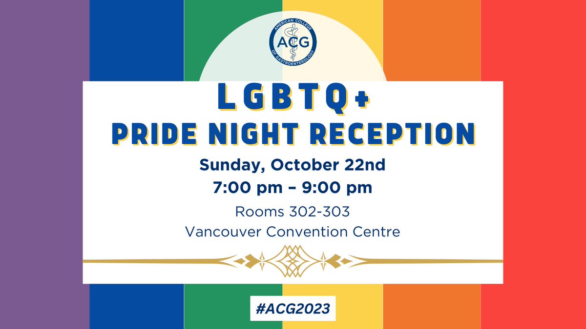#ACG2023 is almost here!

Don’t miss the inaugural <a href="/AmCollegeGastro/">ACG</a> LGBTQ+ Pride Night Reception. Indeed, all are welcomed!

Grateful to the #DEI Committee members for seeing this to fruition, &amp; pushing #diversityinGI forward &amp; celebrating it in all forms. 🏳️‍🌈 🏳️‍⚧️