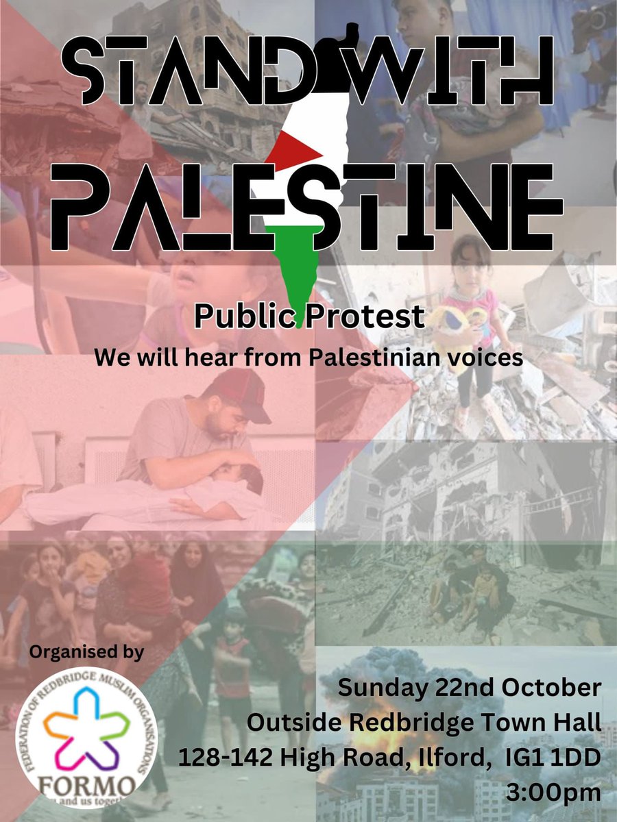 Please join us on Sunday at 3PM outside Ilford Townhall to stand with Palestine and show your support.