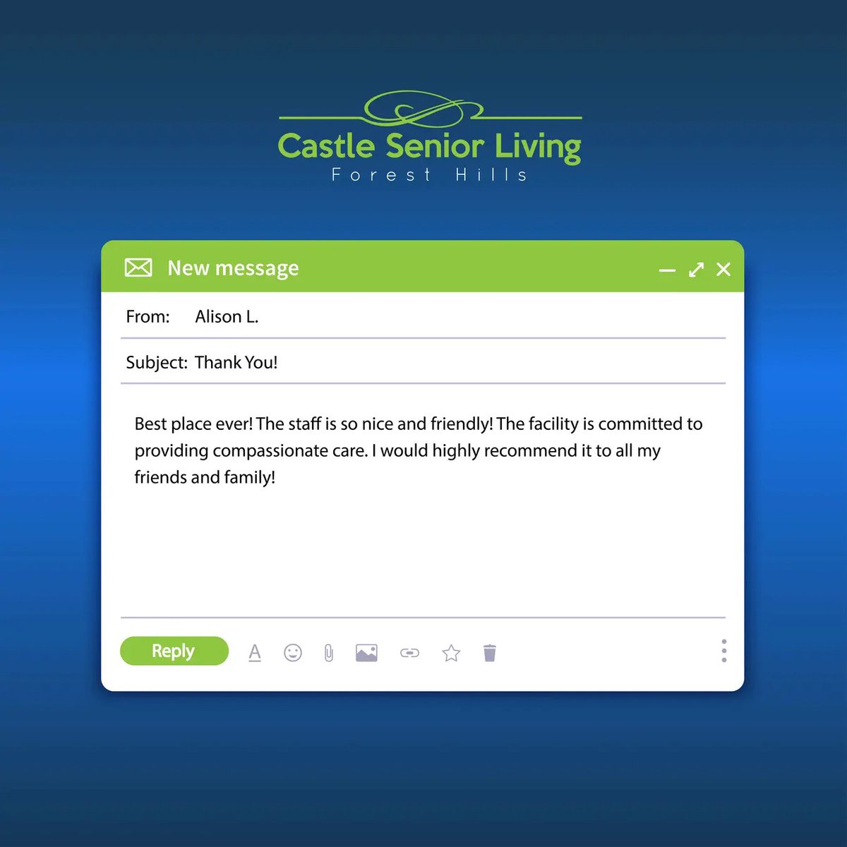castlesslny's tweet photo. Hear what one of our residents have to say about their heartfelt experience at our facility. With a complete focus on providing compassionate care and a loving environment, we strive to make every day special!
#HappyResidents #CaringStaff #Testimonials #ResidentFeedback https://t.co/B9vUzeHOTl