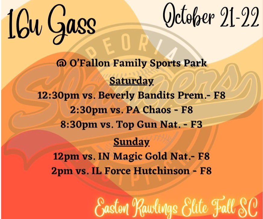 Catch us this weekend in O'Fallon!
All games will be live streamed on Game changer ➡️ Peoria Sluggers Gass 16u