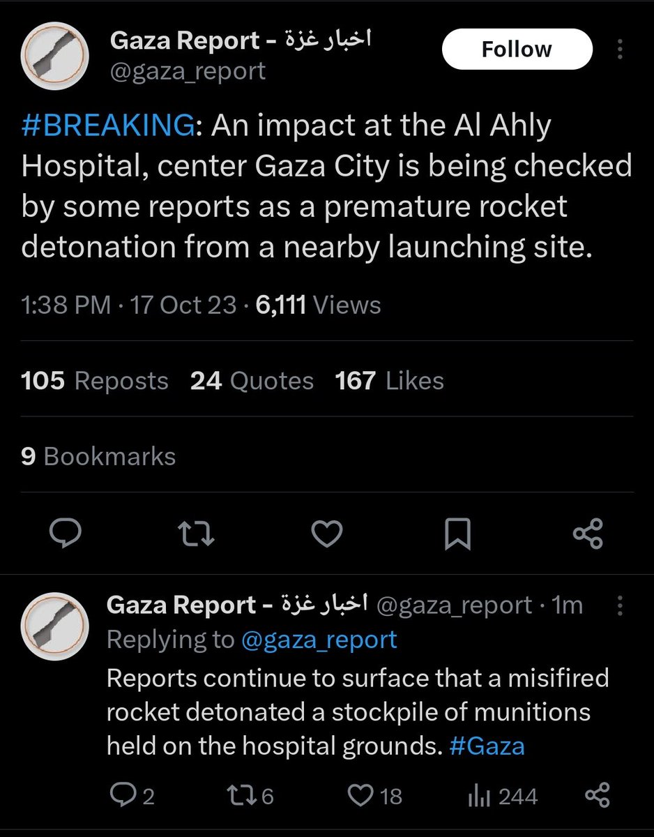 Even anti-Israel sources in Gaza are reporting that the explosion at Al-Ahly hospital was likely a misfired rocket. An explosion of that magnitude means it likely hit an ammo dump. Rockets don't kill hundreds. It appears to be just another instance of Hamas killing its own.