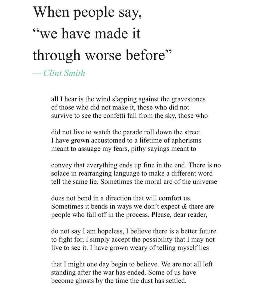 I read this poem by @ClintSmithIII to my 7th period today and I sobbed. Uncontrollable sobbing. “Sometimes the moral arc of the universe does not bend in a direction that will comfort us.” I dunno how to do this.