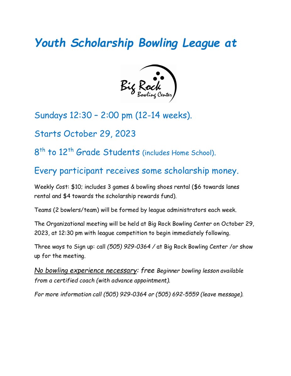 Calling all 8th graders in the Northern Rio Grande region!
Join the Northern Rio Grande Youth Bowling League and strike your way to success! This scholarship league is perfect for young enthusiasts ready to roll into the next chapter of their academic journey.
#YouthBowling
