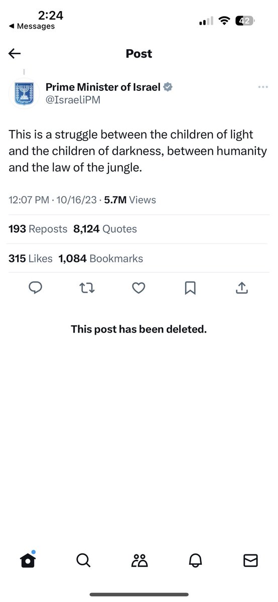 votevega26's tweet photo. The prime minister of Israel just deleted this racist tweet. For those who want a translation:

“This is a struggle between the light people and the dark people.” https://t.co/cbNl6wzooc