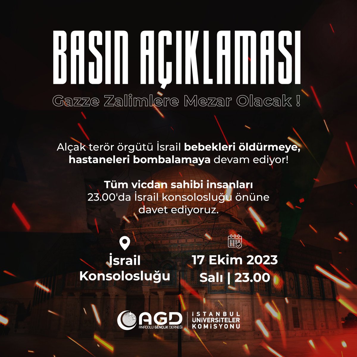 4fakulte's tweet image. Gazze Zalimlere Mezar Olacak !

Alçak terör örgütü israil bebekleri öldürmeye, hastaneleri bombalamaya devam ediyor!

Tüm vicdan sahibi insanları 23.00&apos;da İsrail konsolosluğu önüne davet ediyoruz.

#hospital #katilisrail