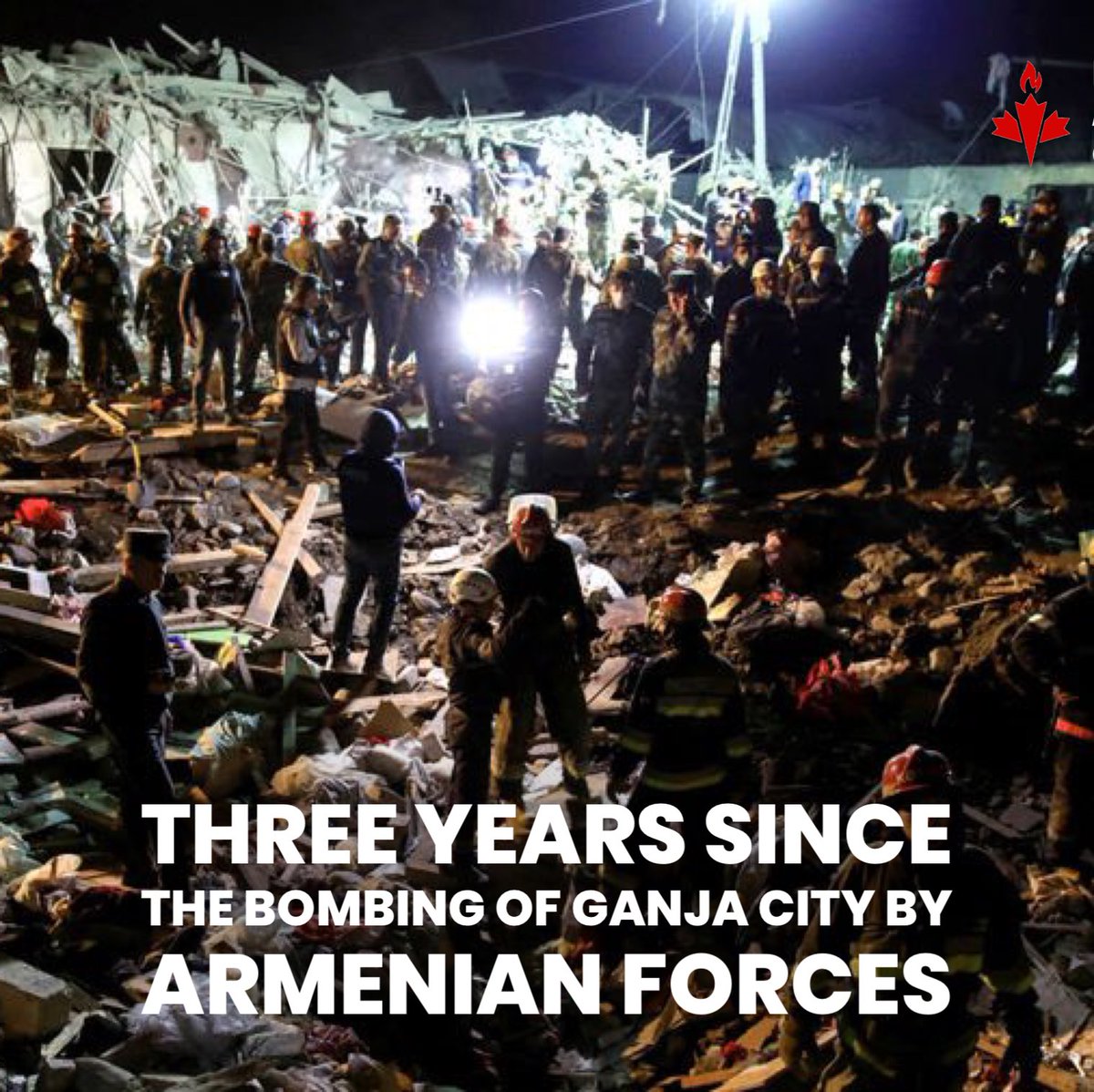azcanet's tweet photo. Three years ago today, at approximately 1 a.m. as families slept in their homes, Armenia launched ballistic missiles to a densely-populated residential neighbourhood in Ganja, Azerbaijan’s 🇦🇿 second largest city. This was the most devastating bombing of the city, which killed innocent civilian families, including six small children. 

One Ganja resident,Teymur Sarkarov made international headlines carrying his 10-month-old niece's body to lay next to his sister's. He lost 5 members of his family in the attack.

While within the timeframe of the Karabakh conflict, Ganja city was located significantly outside of Azerbaijan’s Karabakh region. The city’s residential neighbourhoods and apartment buildings were bombed by Armenian forces four times over the course of October 2020, targeting and killing innocent civilians.

We remember🥀