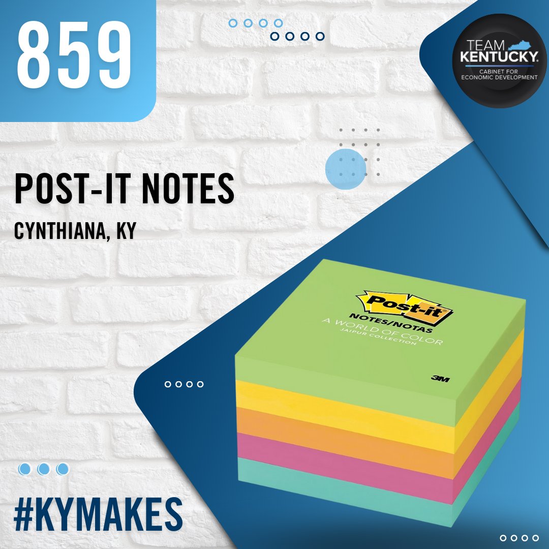 CEDkygov's tweet photo. We are sticking to success here in Kentucky!📌🗒️ Did you know that @Postit Notes are made in Cynthiana? We are 'writing' a path to innovation as we highlight products from the 859 area code this week!

#TeamKY #KYMakes #ManufacturingMonth #Jobs #EconomicDevelopment #Innovation https://t.co/BhCsKPf3LP