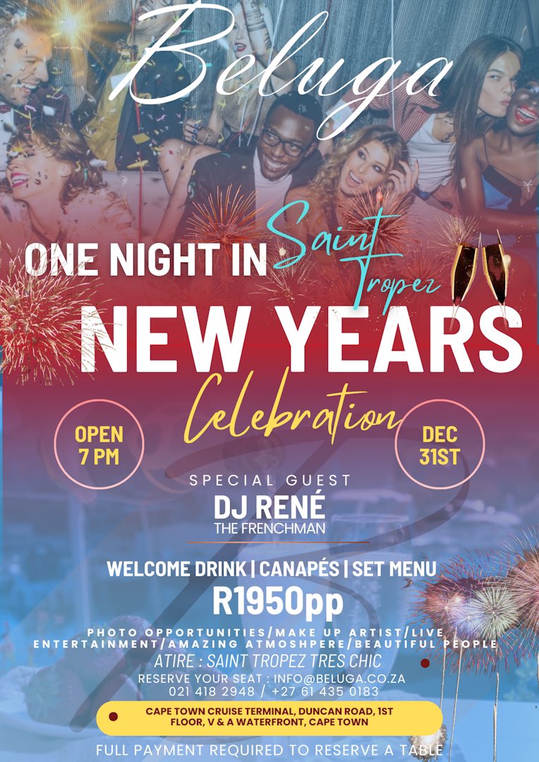 Enter the new year with an Extravaganza like no other! 🎇🎊🎉

Join us in iconic Saint Tropez style while embracing the holiday spirit with us at Beluga. Live music, delicious food and cheerful vibes await. Don’t miss out by reserving your table now! 🎉🎊💫