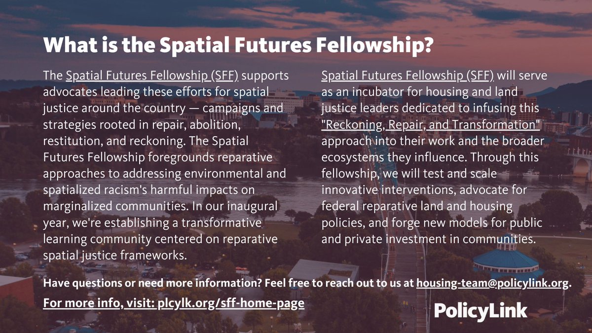 If you or someone you know is a champion of housing and land justice? Join the Spatial Futures Fellowship and lead the way in integrating reparative tools and frameworks into your work. Together, we can create more equitable #spatialfutures Apply today: plcylk.org/sff-home-page