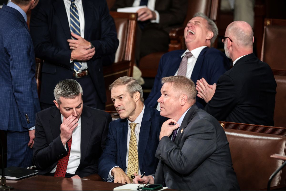 Rep. Jim Jordan talks to colleagues Tuesday while former Speaker Kevin McCarthy laughs as the House prepares to vote on a new speaker. 📷 Win McNamee / Getty Live updates: nbcnews.app.link/zsxA98DDYDb