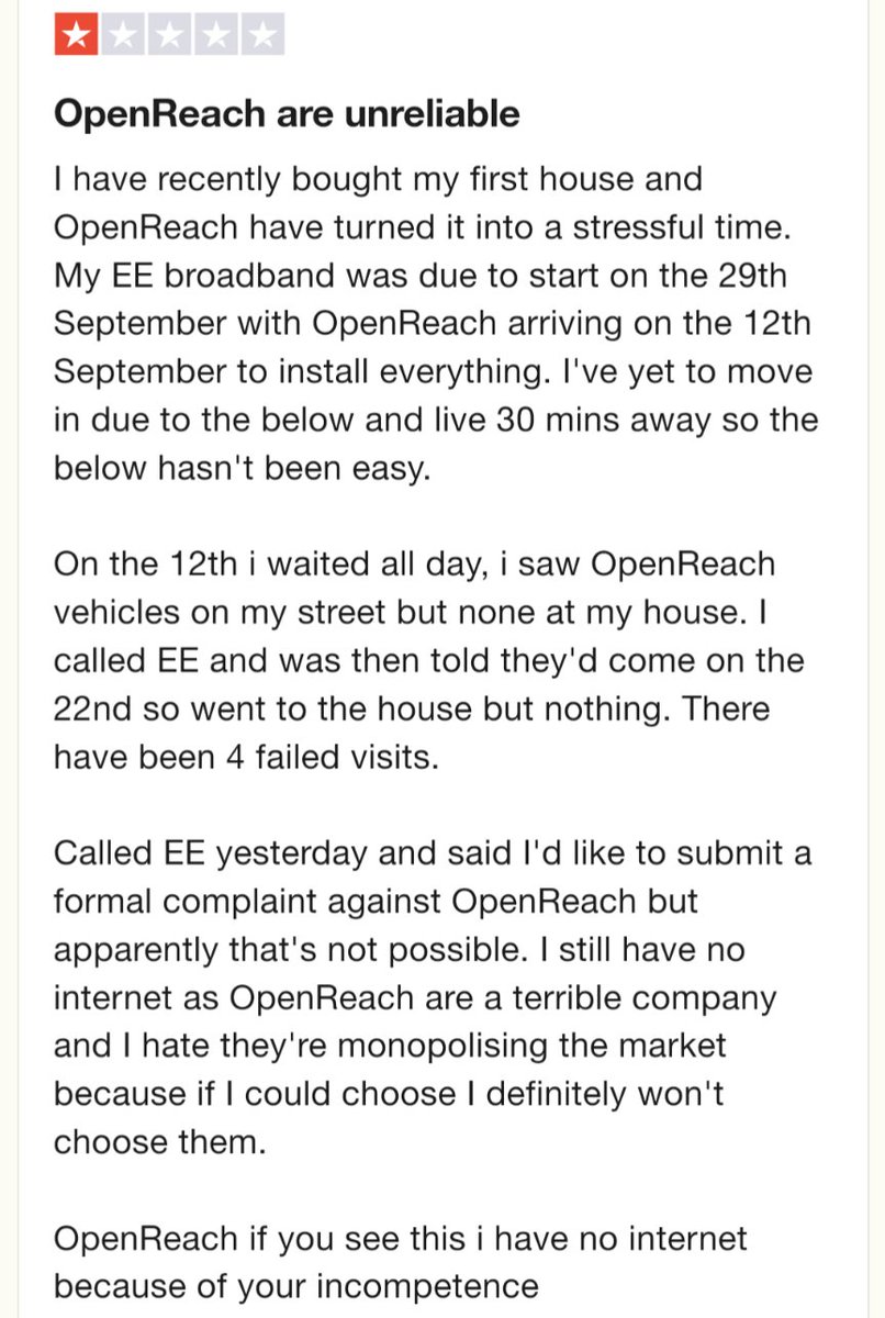 Please share. I hate that <a href="/BTSopenreach/">BT Openreach</a> are monopolising the market because I STILL have no internet and <a href="/EE/">EE</a> can't submit a formal complaint unless it's for damage to property. Thanks OpenReach for this lovely experience of buying my first house.