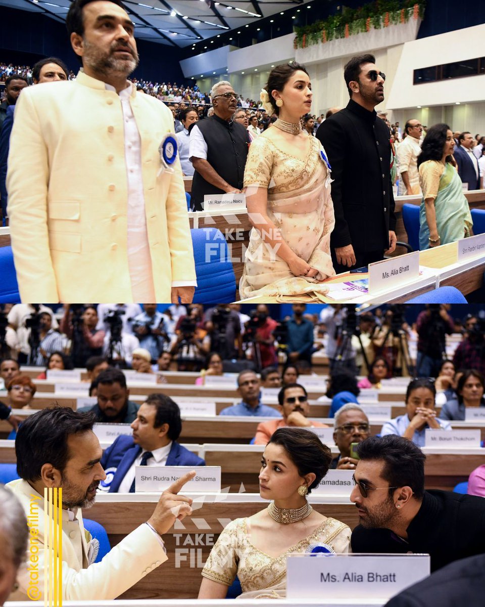 Actors #PankajTripathi, #AliaBhatt and #RanbirKapoor indulge in conversation 😁 as the talented actors attend the #69thNationalFilmAwards together 🏆 where both Alia and Pankaj were conferred with awards by President Murmu 🤩  It's wonderful to see them bond 🥰