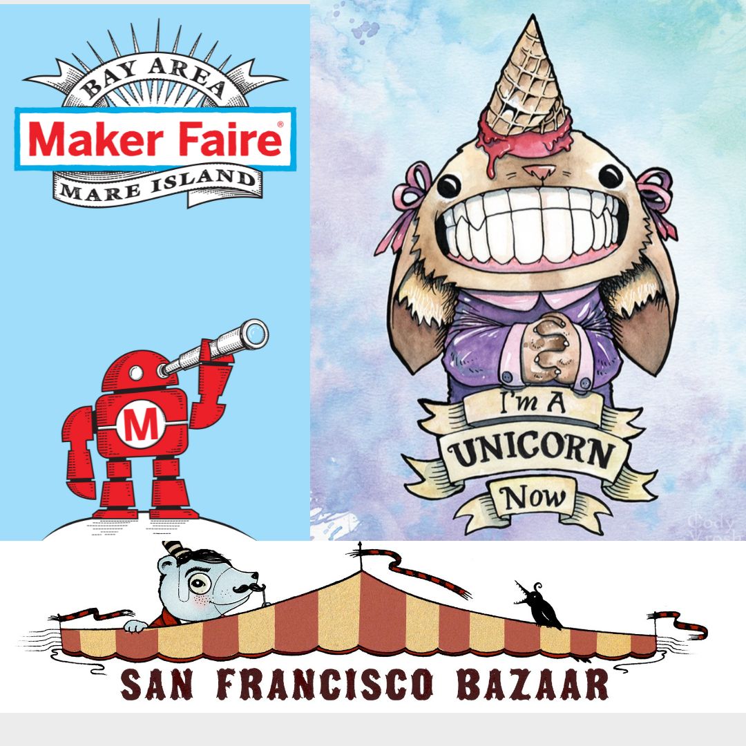 sfbazaar's tweet image. We will always love the work of artist &amp;amp; illustrator @codyvrosh. Visit Cody under the Maker Market tent in the breezeway this weekend to see his whimsical and detailed art. His work incorporates watercolor, coffee, lost astronaut girls, his signature #TeethCreatures and more!