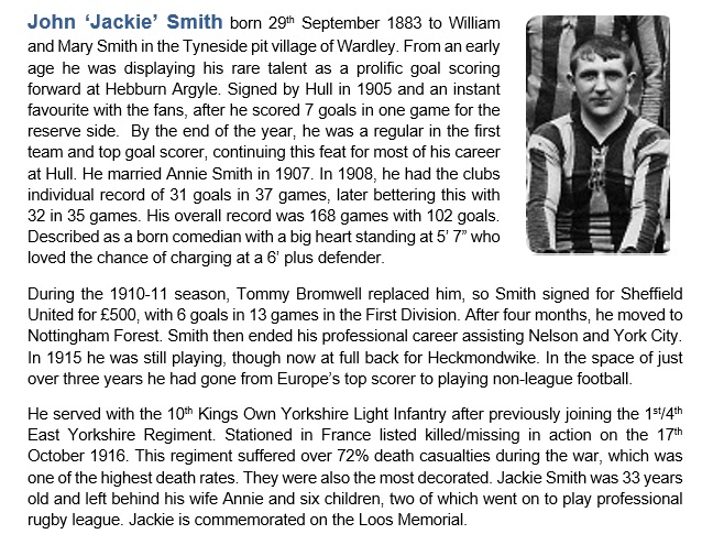 John Smith
Yorkshire Light Infantry
KIA this day 1916 France
Footballer Hebburn, Hull, SUFC, NFFC, Nelson, York City, Heckmondwike
At one time the top goal scorer in Europe
My article attached