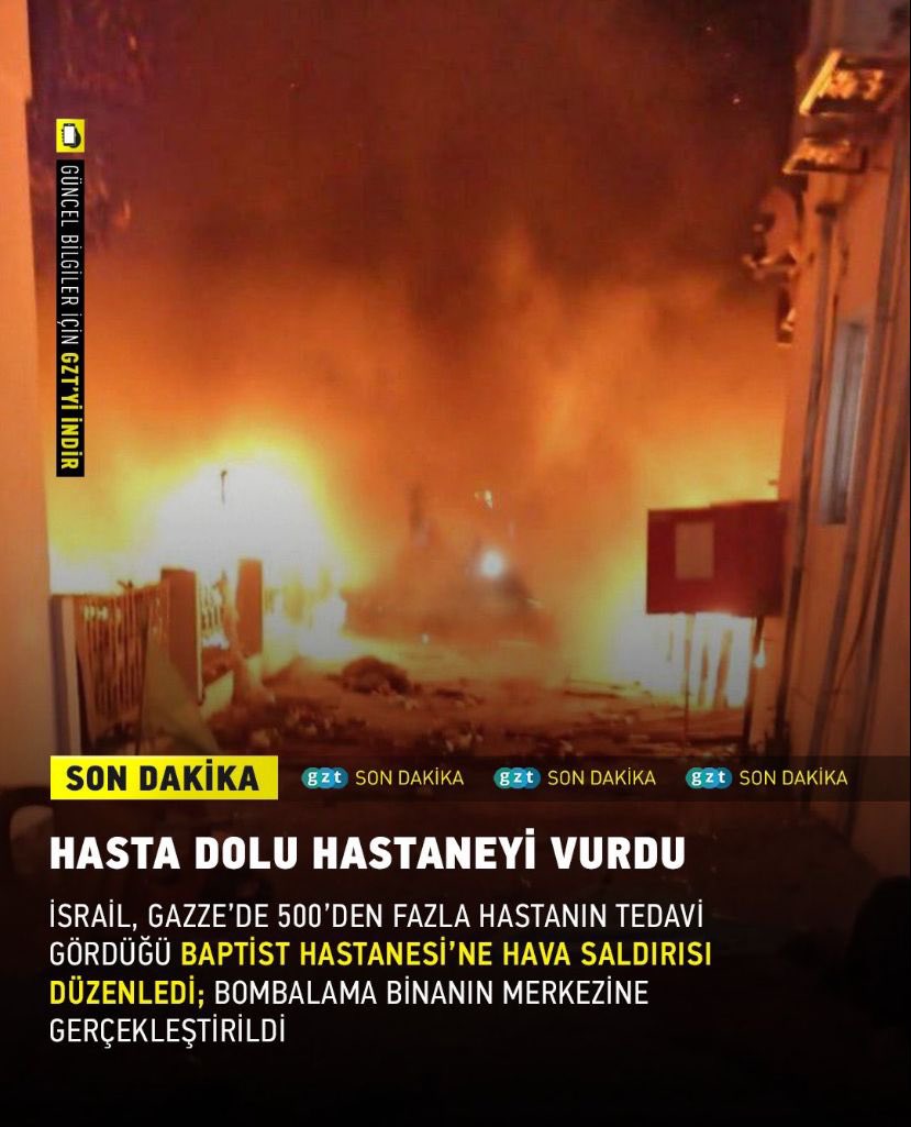 Siyonist İsrail Gazze’deki Babtist hastanesini vurdu. Bir doktor, bir insan ve bir anne olarak kahroldum. Bu vahşetin bir an önce durdurulması için bütün dünyayı ses vermeye çağırıyoruz.

#PalestineGenocide