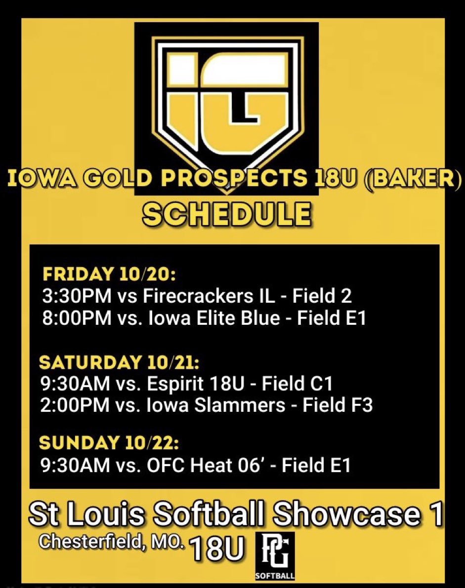 We are headed to St Louis this weekend. Lots of talented players on this team and looking forward to a great weekend. Coaches stop by and say Hi

<a href="/AliciaMarie5/">Alicia Baker</a> <a href="/ProspectsClub/">Prospects Club</a>