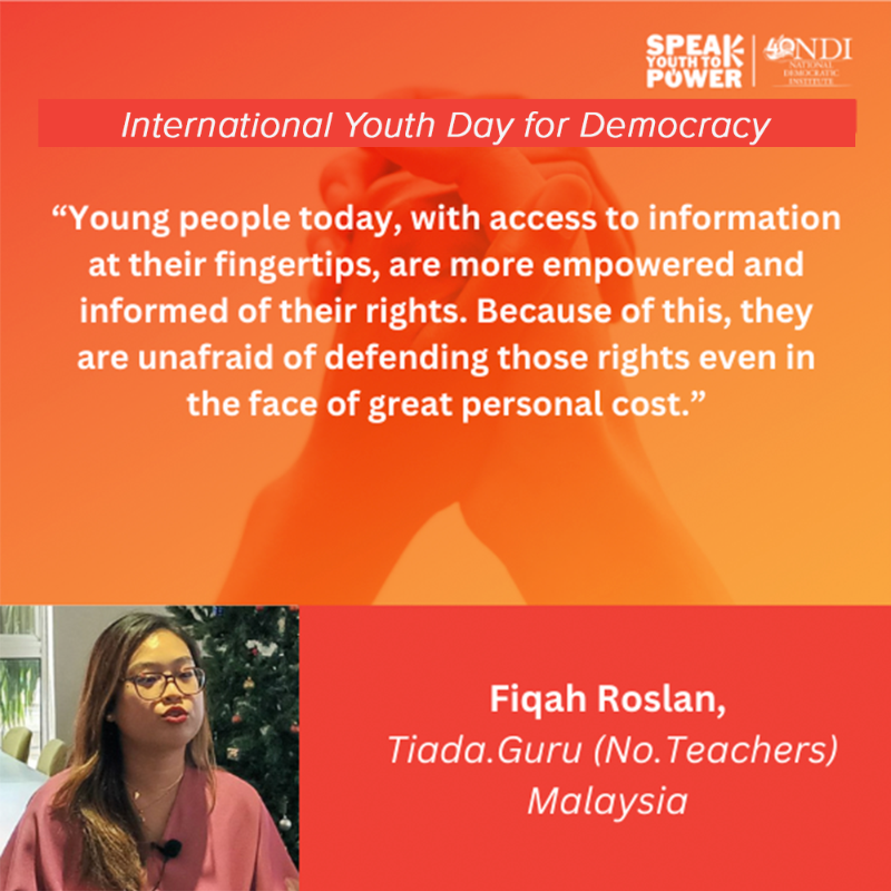 NDI's tweet photo. Today is International #YouthDayforDemocracy! Every day, young people around the world show us their commitment to advancing democracy. At @NDI, we believe in empowering their meaningful participation. @MoveDemocracy

Check out a few messages from our youth partners ⬇️