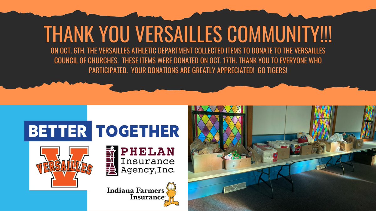 Versailles Athletics (@vtigersports) on Twitter photo Thank you to the Versailles Community for your continuous support! Also, thank you to <a href="/phelanins/">Phelan Insurance Agency</a> and Indiana Farmers Insurance for your help and support! Thank you to the Versailles Community for your continuous support! Also, thank you to <a href="/phelanins/">Phelan Insurance Agency</a> and Indiana Farmers Insurance for your help and support!
