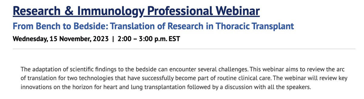 Announcing the #ISHLT Research and Immunology webinar, 'From bench to bedside: translation of research in thoracic transplantation.' Don't miss this free event on November 15 at 2 PM EST. Register here: members.ishlt.org/upcoming-events.