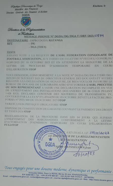 AfricanewsJ's tweet image. #RDC Le match de TP #Mazembe déjà délocalisé, le gouvernement vient d’accorder, ce mardi 17 octobre, à travers un message phonie de la #DGDA, la libération du matériel de production du match contre Espérance de Tunis