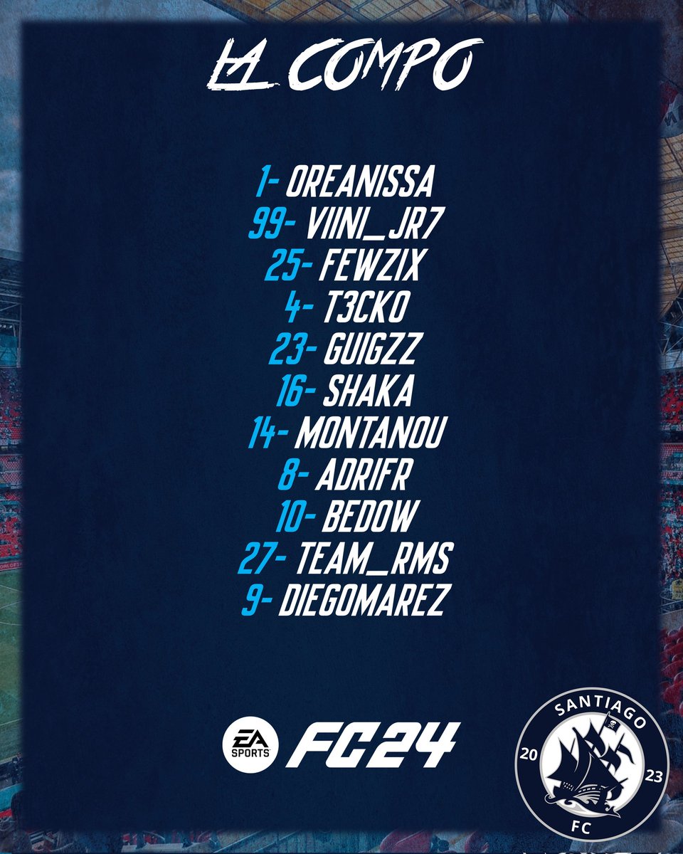 「𝗘𝗤𝗨𝗜𝗣𝗔𝗚𝗘」

Voici nos 11 matelos sélectionnés pour cette soirée @WOC_TOURNAMENT

📋 | 2 matchs

🆚️ Genezis ESC --> 21h20
🆚️ FC Foot 13 --> 22h20

Bon courage à eux !

🔵⚪️🔥