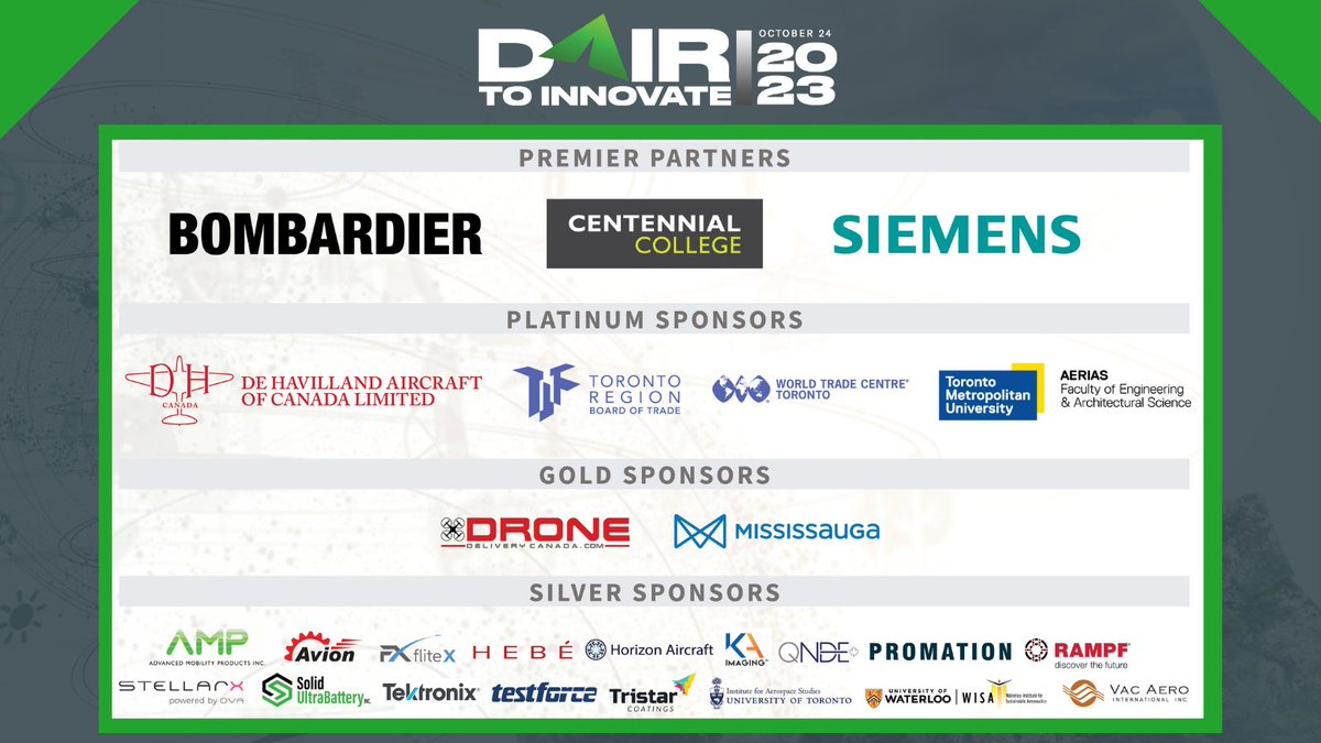 Ready to skyrocket innovation at our upcoming #aerospace conference!🚀 A HUGE shoutout to our stellar sponsors: <a href="/Bombardier/">Bombardier</a> <a href="/CentennialEDU/">Centennial College</a> <a href="/SiemensCanada/">Siemens Canada</a> <a href="/dehavillandAIR/">De Havilland Aircraft of Canada</a> <a href="/TorontoMet/">Toronto Metropolitan University</a> <a href="/TorontoRBOT/">Toronto Region Board of Trade</a> <a href="/DroneDeliveryCa/">DroneDeliveryCanada</a> <a href="/citymississauga/">City of Mississauga</a> and all Silver sponsors✨
 
#D2I #ThanksToYou