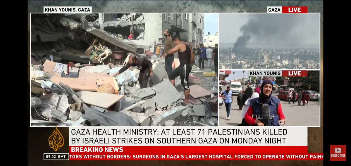 On Sunday Israel told civilians of North Gaza to flee to Khan Younis. On Monday this is what they did to Khan Younis. Remember this as our media uncritically parrot the lie that Israel is not targeting civilians. 4/4