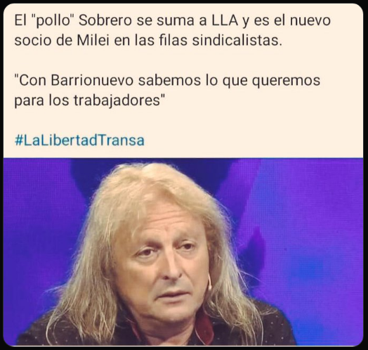 Mientras @JMilei te miente diciendo que va a pelear contra la casta, no solo que lo tiene a Barrionuevo adentro, sino que ahora mete al Pollo Sobrero, otro sindicalista!. Dale Javito que te falta Varadell en educación y Moyano en transporte🤦‍♂️#mileiNO #MileiTeMiente