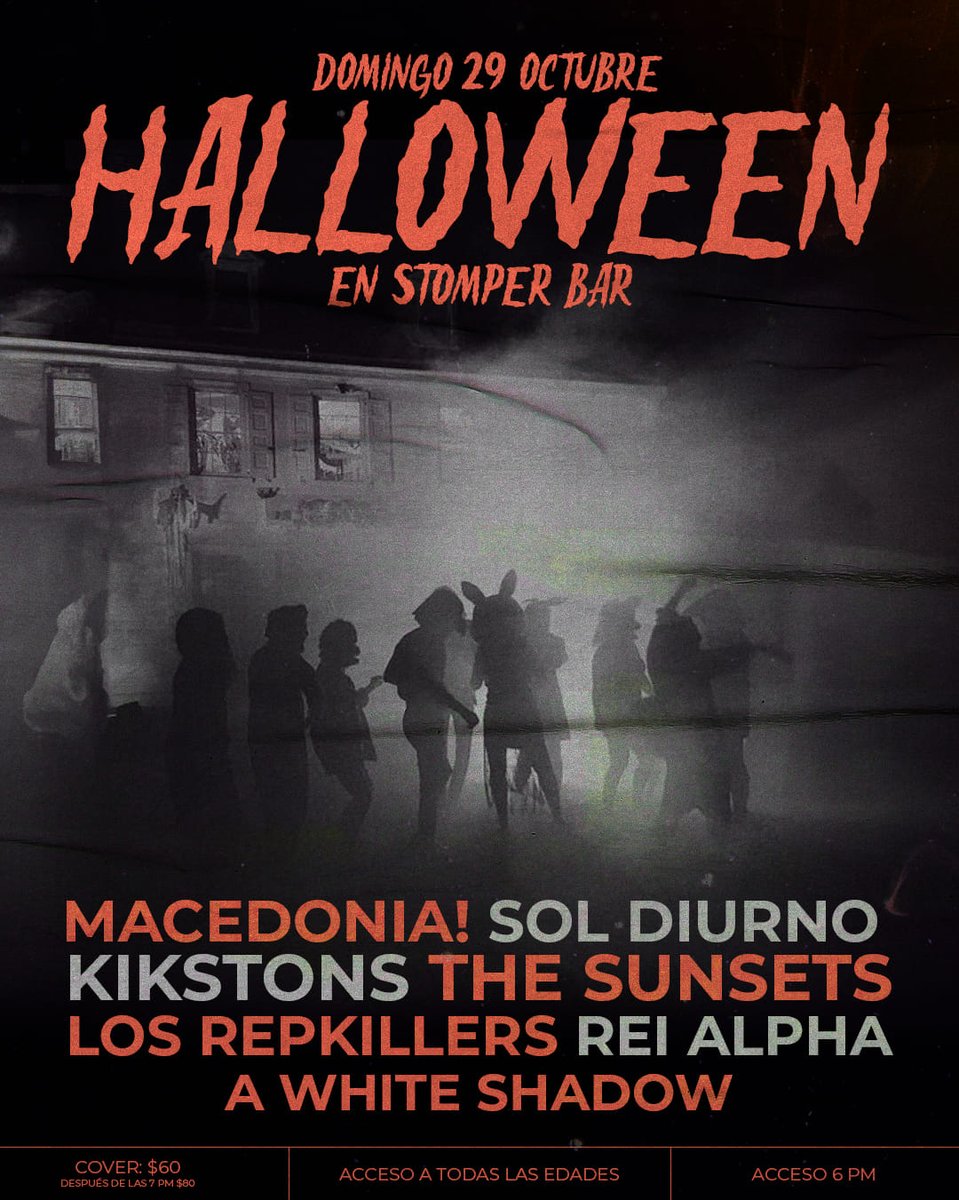 Colectivo Indie Presenta:   El domingo 29 de octubre  REI ALPHA  nos vemos en la fiesta de Halloween en Stomper Hell's Kitchen and Bar,  además de excelentes Bandas independientes invitadas:
Sol Diurno,Los Repkillers, Kikstons,The Sunsets
A White Shadow, Macedonia!
#reialpha