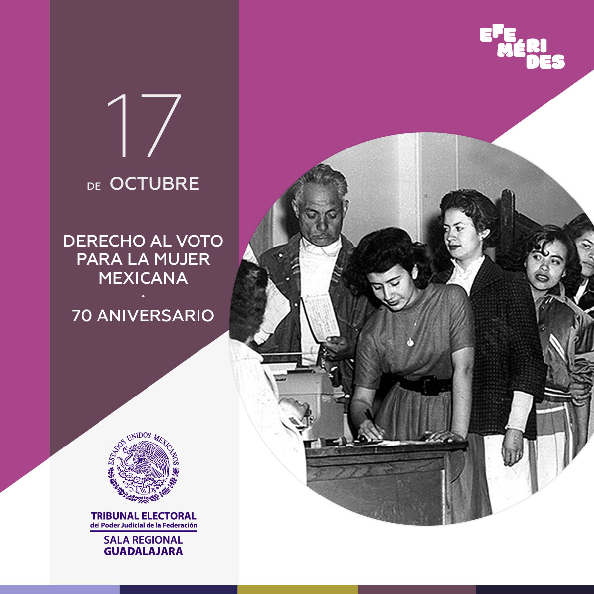 TEPJF_GDL's tweet photo. Conmemoramos el aniversario de la promulgación de los derechos político-electorales de la mujer mexicana. En las elecciones del 3 de julio de 1955, las mujeres en México sufragaron por primera vez en una elección federal.
#paridadvertical #paridadhorizontal #paridadentodo https://t.co/uqwsAx0h6S