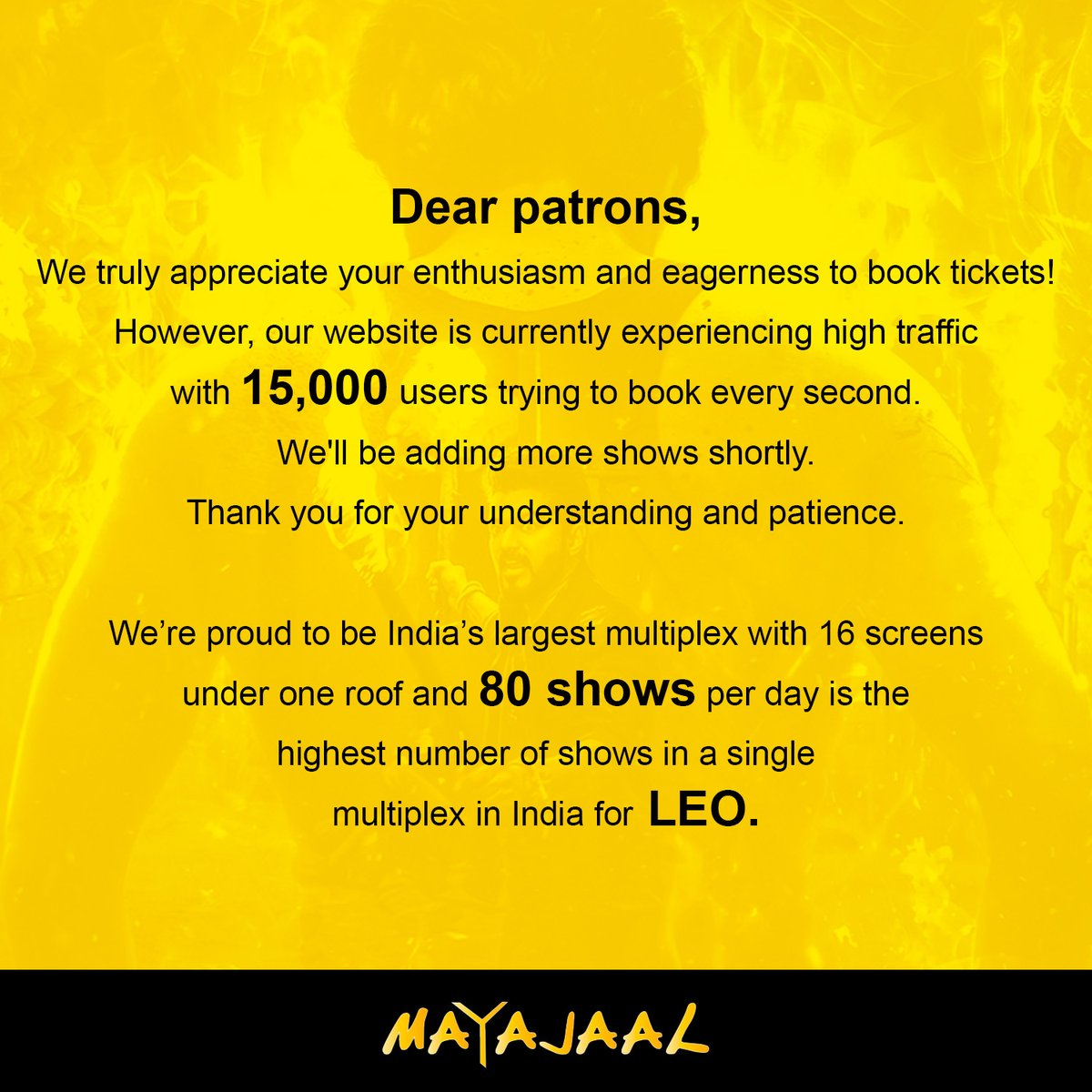 MayajaalECR's tweet photo. We're overwhelmed by the love you've shown for #LEO bookings at #Mayajaal❤️
#LEOAtMayajaal https://t.co/tGrdY1e5wK