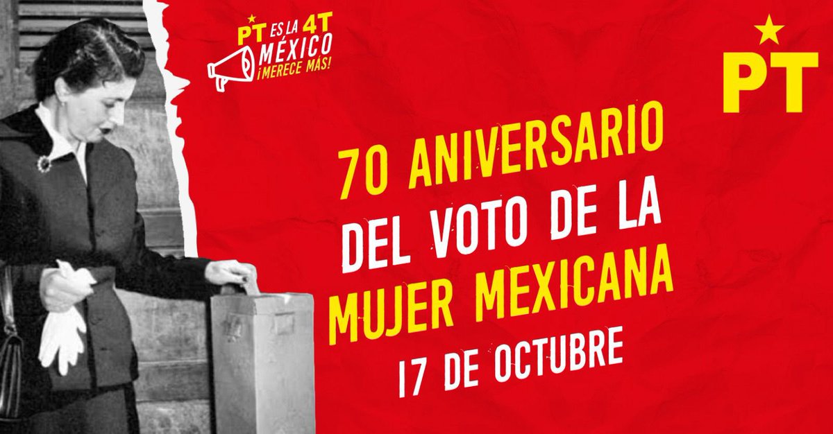 Con lucha y trabajo a favor de las mujeres, en el #PT alzamos nuestras voces. Sigamos escribiendo la historia ¡Es tiempo de mujeres de izquierda! #MéxicoMereceMÁS #PTesla4T #MujeresTomandoPartido #70Años #MujeresPT