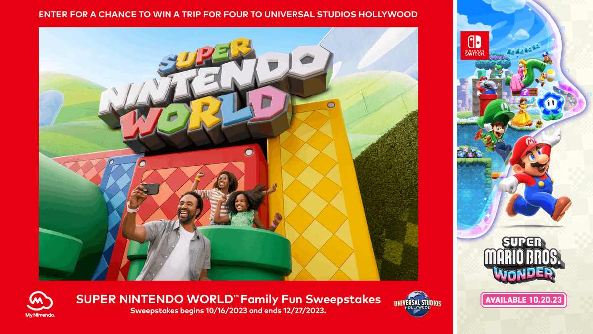 NintendoAmerica's tweet photo. Enter for a chance to win a trip for four to @UniStudios, where you and your family can discover an exciting ride and immersive activities within the captivating Mushroom Kingdom at SUPER NINTENDO WORLD™. 

Learn more: https://t.co/mV9ruWzj7x https://t.co/278DqQwdQs