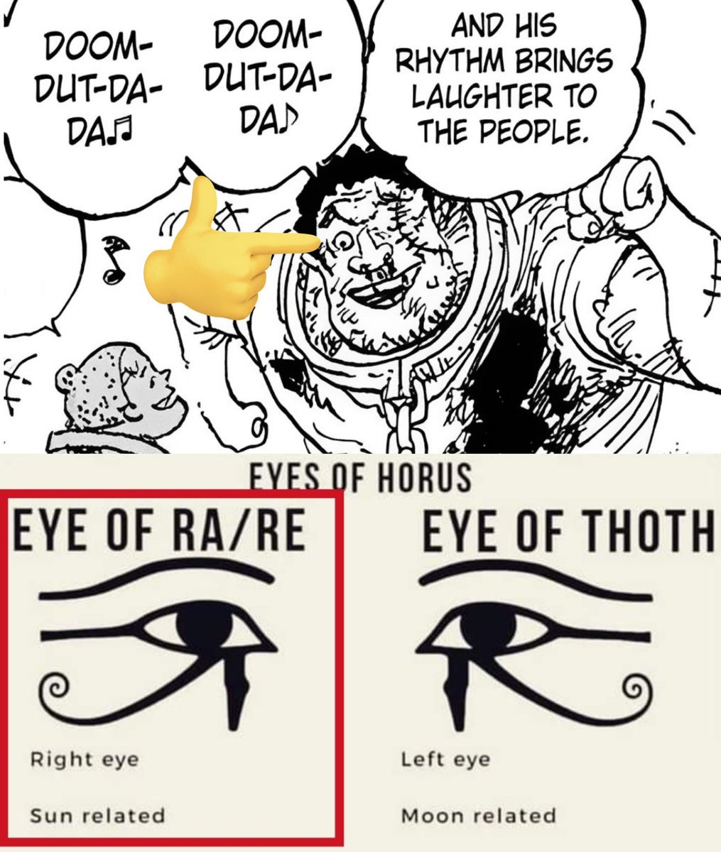 Pangea_Castle's tweet photo. Oda-Sensei's Depiction of Clapp, who shares the Legend of "Sun God Nika" with his Son while his Left Eye is closed, while his Right Eye shines, resonates with the symbolic Significance found in Egyptian Mythology.

In this Portrayal, the Right Eye symbolizes the Sun (Eye of Ra). https://t.co/Nbt2FE6PGf