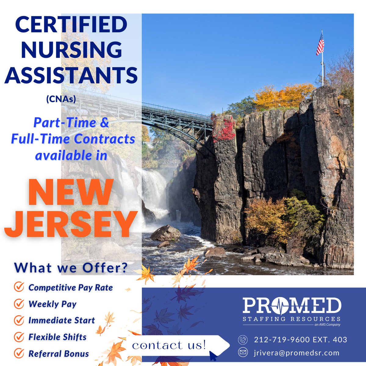 Discover the beauty of #NewJersey, known as the garden state, with ProMed Staffing Resources. Reach out to Jorell Rivera at (212) 719-9600 or send your resume to jrivera@promedsr.com to start today

#certifiednursingassisstant #cnainnewjersey #cnajobs #promed #promedsr