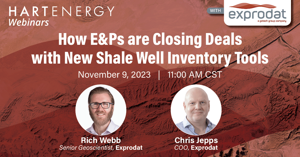 hartenergy's tweet photo. Join us on November 9 at 11:00 AM CST for a #webinar with Rich Webb and Chris Jepps of @Exprodat, who will discuss "How E&Ps are Closing Deals with New Shale Well Inventory Tools."
Register now: https://t.co/8ITEKMo1yx
#oilandgas #shale #geology #GIS #Getech https://t.co/1RlLLUTfa2