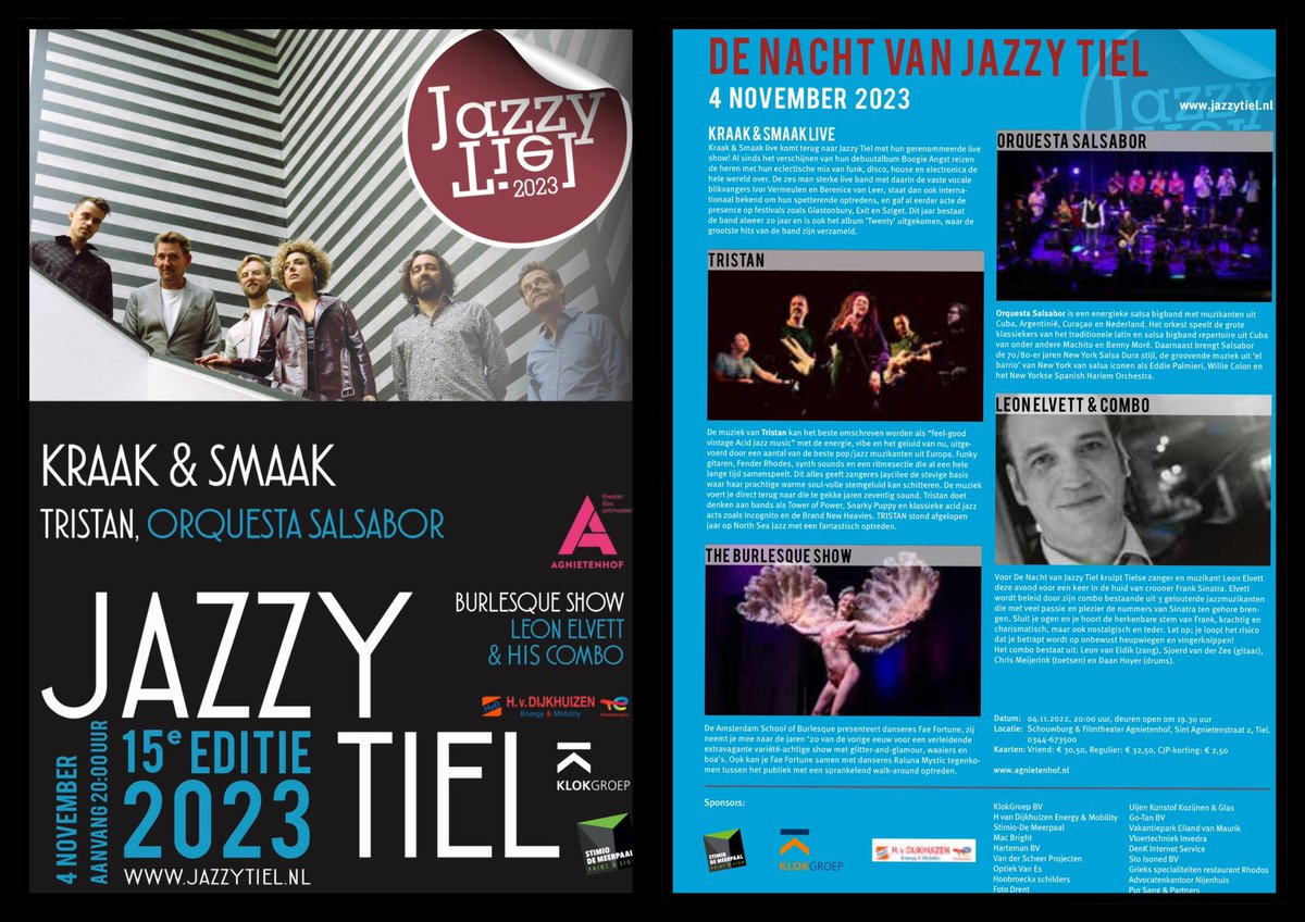 JazzyTiel's tweet photo. De Nacht van Jazzy Tiel op zaterdag 4 november in Schouwburg @Agnietenhof 👇👇👇 #Tiel #jazzytiel https://t.co/emleYOIFrY