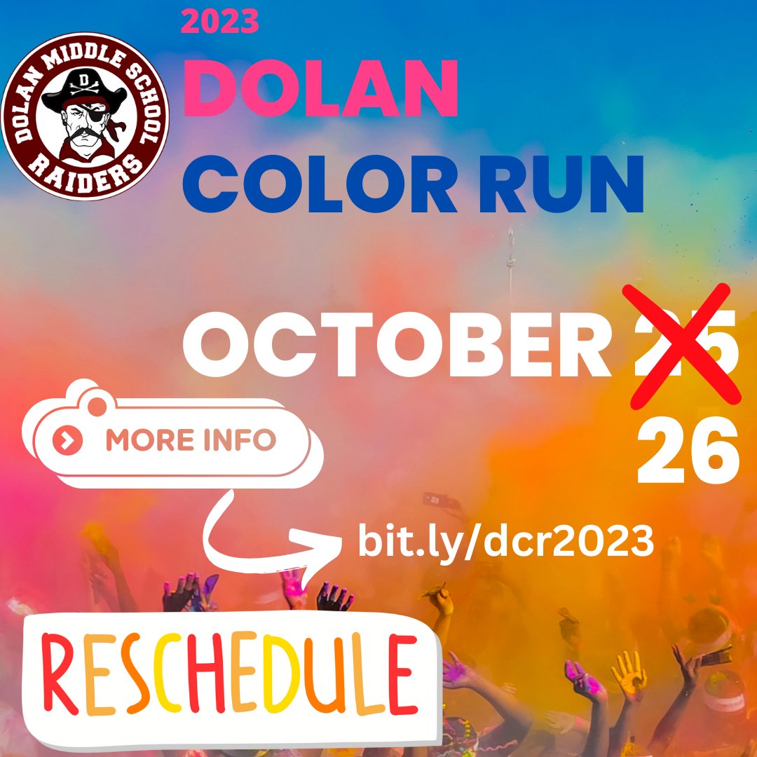 dolanraiders's tweet photo. The Dolan Color Run is now rescheduled to Thursday, October 26th! 🗓��� Get ready to splash some color and spread the joy on our new date! 🎉🏃‍♂️🏃‍♀️ Dust off those running shoes and join us for a vibrant day of fun and unity! Let's make it unforgettable! 🌟 #DolanColorRun #NewDate🌈👟 https://t.co/wWMq3CF647
