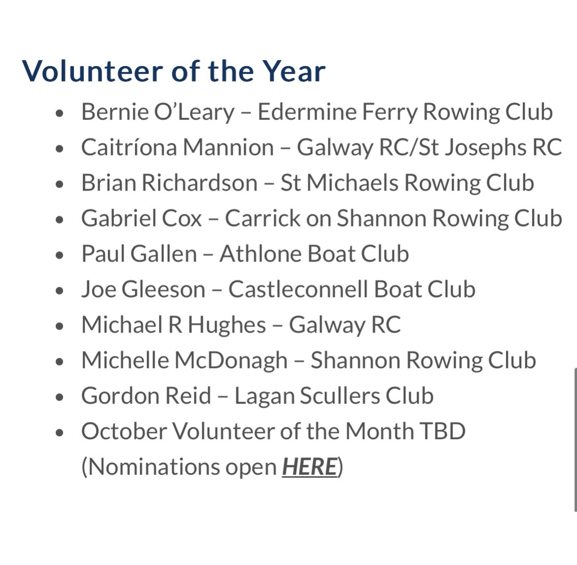 Congrats to our 4 members shortlisted for Rowing Ireland awards
 
✨ Eoin Hinchy and Shane Rafferty have been shortlisted for the Junior Male Rower

✨ Kayla McCann has been shortlisted for the Umpire of the Year

✨ Brian Richardson has been shortlisted for Volunteer of the Year