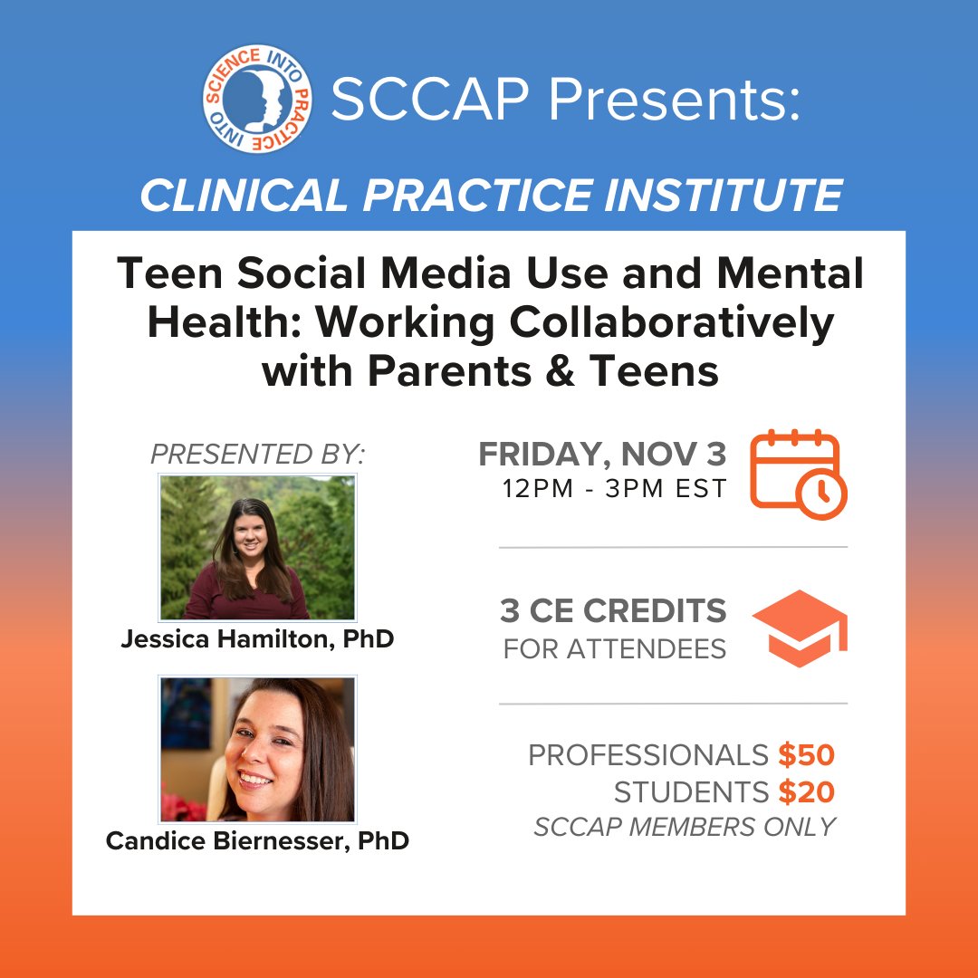 Have you signed up for our next Clinical Practice Institute session on Teen Social Media Use? Join SCCAP, <a href="/hami/">Hami 👾</a> and @bierness on Friday, November 3rd - sccap53.org/the-clinical-p…