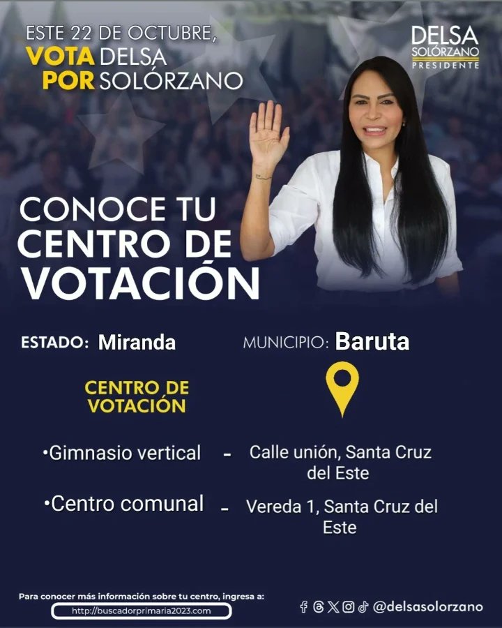 ecbaruta (@ecbaruta) on Twitter photo #Baruta📌
Las Minas de Baruta y Santa Cruz del Este!
Estos son los centros de votación para ejercer nuestro derecho el #22Oct
Votemos por nuestra candidata <a href="/delsasolorzano/">Delsa Solorzano</a> Abajo a la izquierda en la esquina.
Demostremos que #unidossomosmejores 💙 #Baruta📌
Las Minas de Baruta y Santa Cruz del Este!
Estos son los centros de votación para ejercer nuestro derecho el #22Oct
Votemos por nuestra candidata <a href="/delsasolorzano/">Delsa Solorzano</a> Abajo a la izquierda en la esquina.
Demostremos que #unidossomosmejores 💙