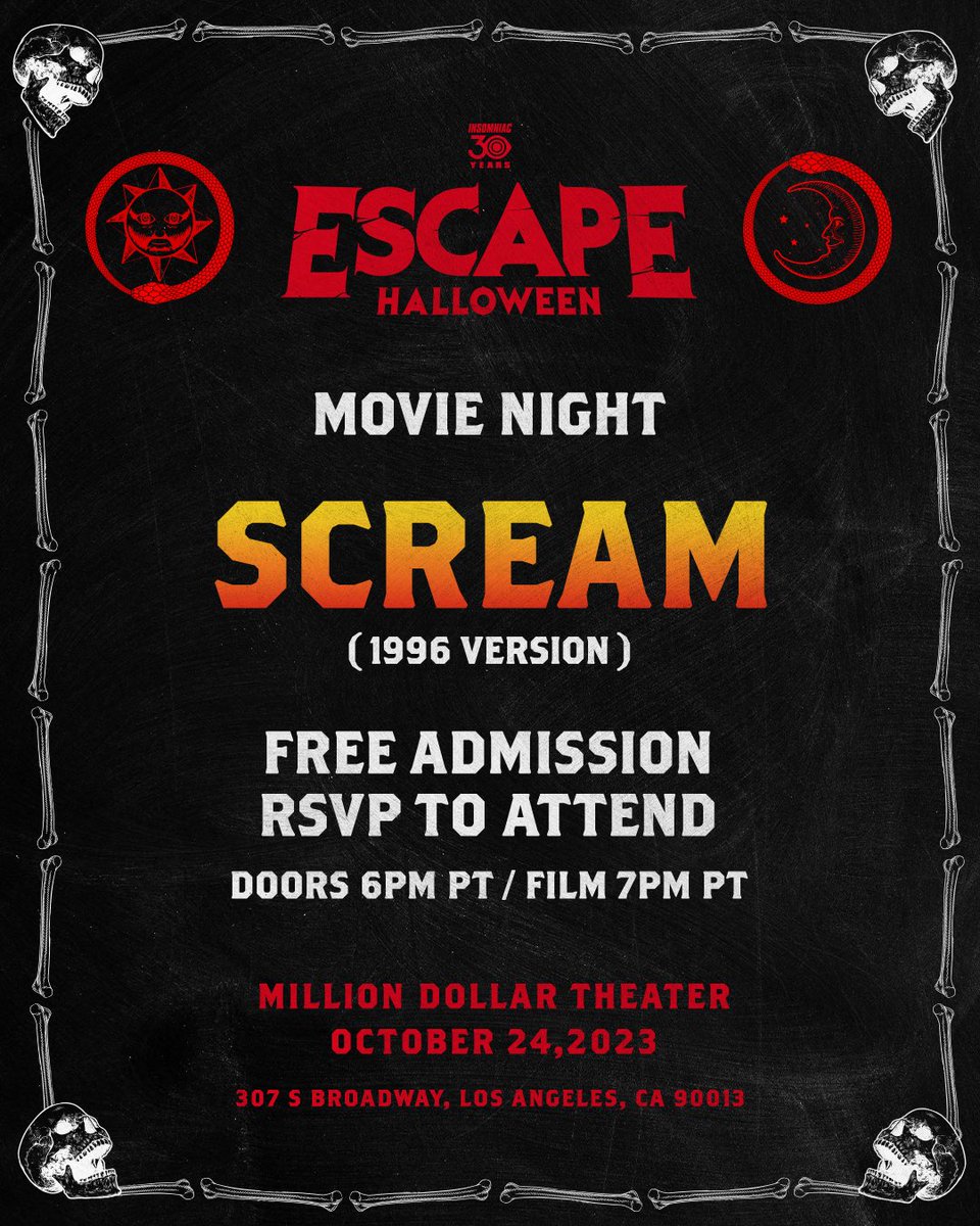 BOO! 😱 Meet us at Grand Central Night Market on Tuesday 10/24 for a free screening of Scream! 🔪🎥🍿 Free RSVP at insom.co/escape-scream-…

Don't have your festival passes but still want to enjoy the movie? You can secure your passes at the screening!