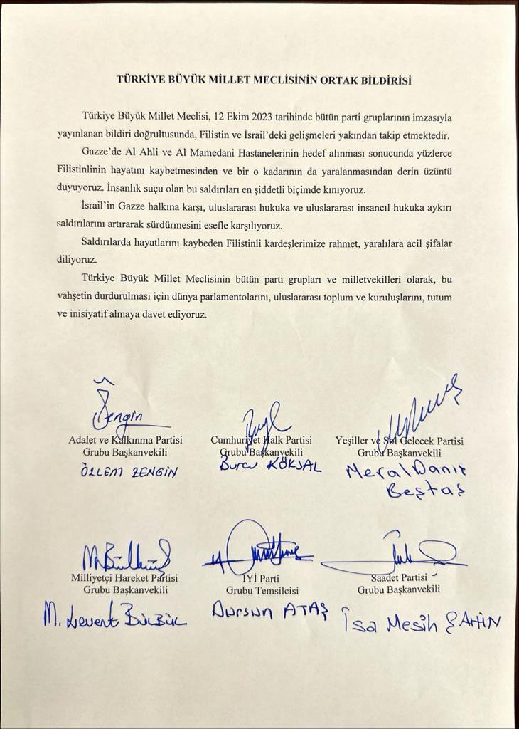 TBMM'de Grubu bulunan Siyasi Partilerin; İsrail’in Gazze'de hastaneleri hedef almasına ilişkin bildirisi.