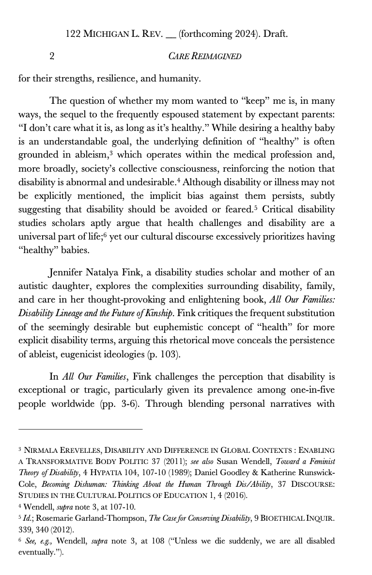 Excited to share my forthcoming article in @MichLawRev, 'Care Reimagined: Transforming Law by Embracing Interdependence.' I review 'All Our Families' and begin with a deeply personal story highlighting the intricacies of disability, family, and caregiving. papers.ssrn.com/sol3/papers.cf…