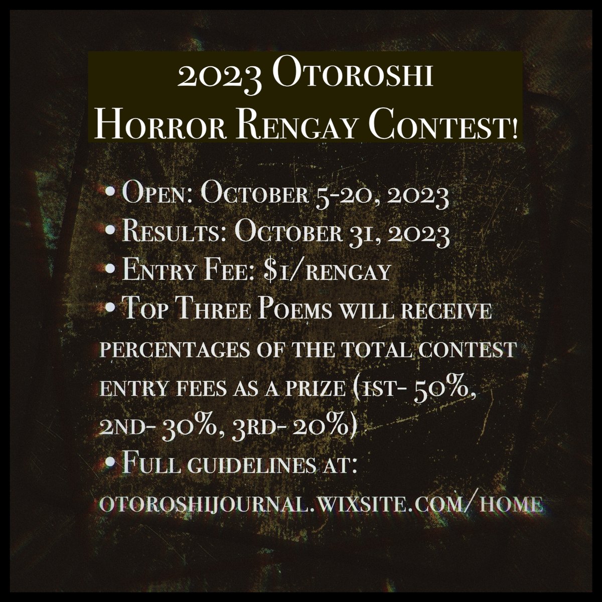 Just a #reminder that our #horror #rengay #poetrycontest is open. 

Grab your #WritingPartner! Go Scare Us!

#poetrycompetition #writers #writingcommunity #quote #competition #writing #writingcontest #poems #writingcompetition #contestalert #terror #scary