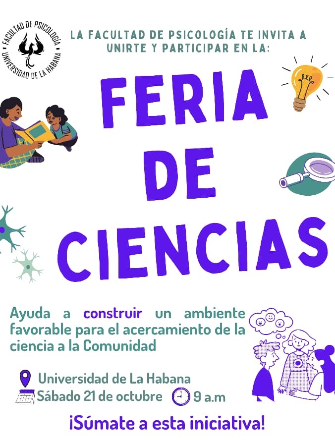 📣 Una invitación de lujo que no te puedes perder 👉 Festival de las Ciencias🦉 de la Universidad de La Habana 🏛.

😁 Por supuesto allí estará la Facultad de Psicología para compartir y disfrutar juntos nuestro amor por la ciencia psicológica.

Les esperamos! ✨
