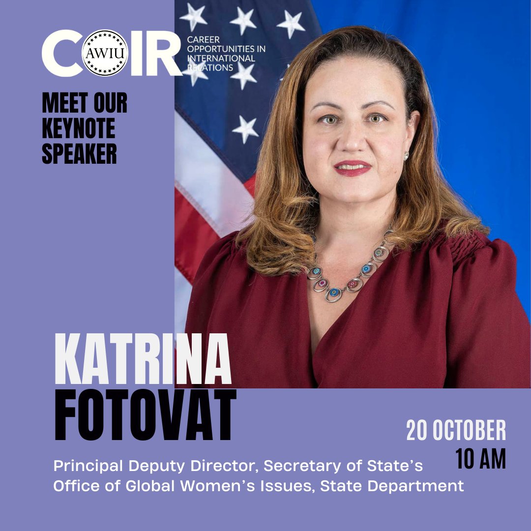 OfficialAWIU's tweet photo. Get ready for a powerful keynote 🎶 address by #KatrinaFotovat, Principal Deputy Director at @StateGWI. Her insights will inspire and ignite your passion for global change! #AWIUCOIR2023 #KeynoteSpeaker

Register: https://t.co/v5j4YA9aH1 https://t.co/IR2VMDUkef